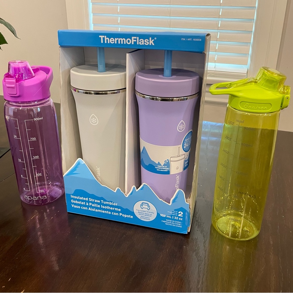 ThermoFlask 32oz Insulated Standard Straw Tumbler, 2packs + 32oz water bottles